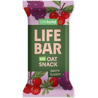 LifeFood Organic Lifebar Oat Snack, Berry Fusion, 40g, in purple wrapper with berry graphics and green label.