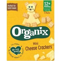 Organix Mini Cheese Crackers pack, yellow box with cartoon cheese character and crackers, 4 packs, 20g each.