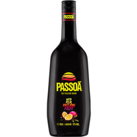 Black Passoa Passion Fruit Liqueur bottle, 70cl, with bright yellow and red logo, featuring passion fruit graphics.