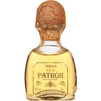 Patrón Añejo Aged Tequila 5cl miniature bottle with a cork stopper and golden amber liquid.