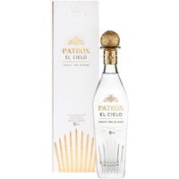 Clear glass bottle of Patron El Cielo Tequila 70cl with gold accents, ornate stopper, and matching white box.