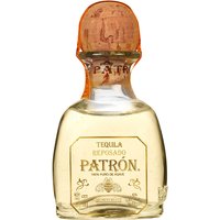 Patrón Reposado Tequila 5cl miniature bottle with cork stopper and gold label detailing.