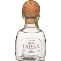 Clear glass bottle of Patron Silver Blanco Tequila 5cl with cork stopper and white label featuring black text and bee logo.