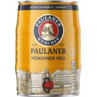 Paulaner Munich Lager Mini Keg, 5 L, yellow with red and blue logo, Munich cityscape illustration at the bottom.