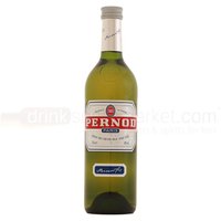 Green bottle of Pernod Pastis 70cl with white label and red logo, silver cap.