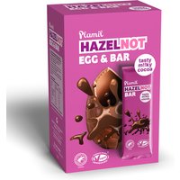 Pink box of Plamil Hazelnot Chocolate Easter Egg & Bar with cocoa splash design and vegan symbols.