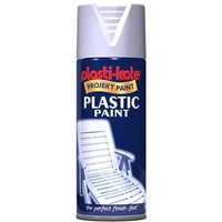 White gloss Plastikote spray can with blue label, plastic chair graphic, and red logo.