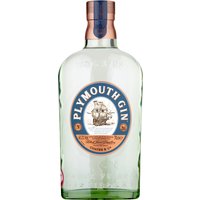 Clear glass bottle of Plymouth Gin 70cl with copper cap, featuring a ship logo and blue circular label.