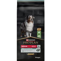 Purina PRO PLAN Medium Sensitive Digestion Lamb Dry Dog Food 14kg bag with image of a dog and green accents.