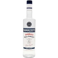 Clear glass bottle of Ramazzotti Sambuca 70cl with blue and red label, white cap.