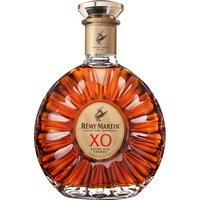 Remy Martin XO Cognac 70cl in a round, ornate glass bottle with a gold cap and embossed logo.
