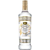 Smirnoff Vanilla Vodka 70cl bottle with gold cap, white label, and vanilla bean graphics.