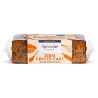 Stem Ginger Loaf Cake by Specialite Locale, 465g, in clear wrap with orange label featuring ginger illustrations.