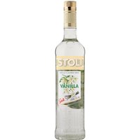 Clear Stoli Vanilla Vodka 70cl bottle with gold cap, vanilla illustration, and Stolichnaya branding on label.
