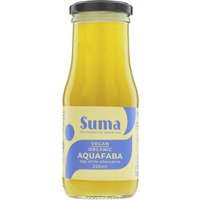 Suma Organic Aquafaba 250ml in clear glass bottle with black cap and blue-yellow label.