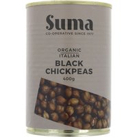 Suma Organic Black Chickpeas 400g can, beige label with black text and chickpea image at the bottom.