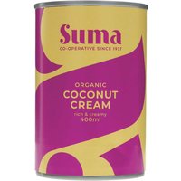 Suma Organic Coconut Cream 400ml can with purple and yellow design, bold logo, and text.