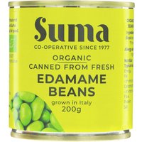 Suma Organic Edamame Beans 200g can, yellow label, green bean image, grown in Italy.