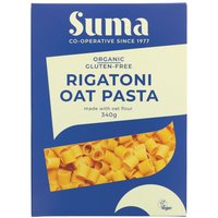 Blue box of Suma Organic Gluten Free Oat Rigatoni, 340g, with pasta image and white text.
