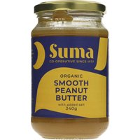 Suma Organic Smooth Peanut Butter jar, blue and yellow label, 340g, with gold lid and "with added salt" text.
