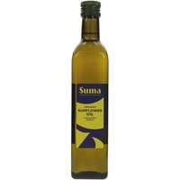 Suma Organic Sunflower Oil 500ml in a tall amber glass bottle with a dark green cap and yellow label.