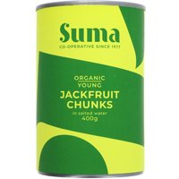 Suma Organic Young Jackfruit Chunks 400g can with green and yellow label design.