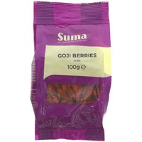 Purple Suma Wholefoods pack of Goji Berries, 100g, with a clear window showing red berries inside.