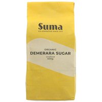 Yellow Suma Wholefoods 500g bag of organic demerara sugar with white label and black text.