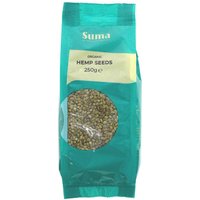 Turquoise package of Suma Prepacks Organic Hemp Seeds 250g with clear window showing seeds.