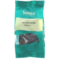Teal Suma Wholefoods pack of organic Medjool dates, 250g, with a clear window showing dark brown dates inside.