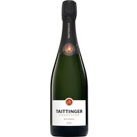 Taittinger Brut Réserve Champagne bottle with black foil, white label, and red emblem.
