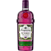 Tanqueray Blackcurrant Royale Gin 70cl bottle, purple glass with ornate label featuring blackcurrants and gold accents.