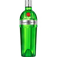 Green Tanqueray No. Ten 10 Gin bottle, 70cl, with silver cap and red seal, featuring sleek, faceted design.