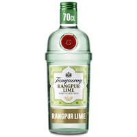 Clear glass bottle of Tanqueray Rangpur Gin 70cl with green cap, red seal, and lime-themed label.