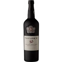 Taylors 10 Year Tawny Port 75cl bottle, dark glass with a cream label and embossed crest.
