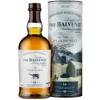 The Balvenie 14 Year Week Of Peat Whisky, amber liquid in clear bottle, with cylindrical box featuring distillery image.