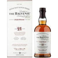 The Balvenie 21 Year Portwood Whisky 70cl bottle with cream label, gold accents, and matching cream box.