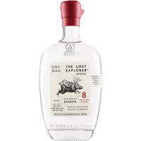 Clear bottle of The Lost Explorer Espadin Mezcal 70cl with red cap, featuring a label with a boar illustration and text.