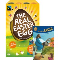 Dark chocolate Easter egg in yellow box with Fairtrade logo, includes Easter story booklet.