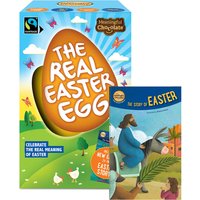 Colorful box of "The Real Easter Egg" milk chocolate with Easter story booklet, featuring a large egg and festive design.