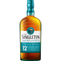 Singleton of Dufftown 12 Year Whisky, 70cl bottle, amber liquid, teal cap, white label with teal and gold accents.