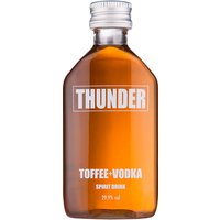 Thunder Toffee and Vodka Spirit Drink 5cl miniature, amber liquid in a clear flat bottle with silver cap and bold white text.