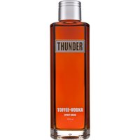 Tall clear bottle of Thunder Toffee Vodka Spirit Drink, amber liquid, silver cap, bold black and white label.