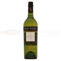 Green bottle of Tio Pepe Palomino Dry Fino Sherry 75cl with black label and gold accents.