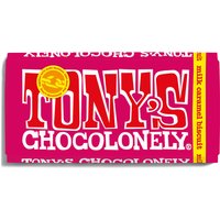 Red Tony's Chocolonely milk caramel biscuit bar, 180g, with bold white logo and yellow accents.