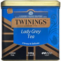 Blue Twinings tea caddy with gold lid, labeled "Lady Grey Tea," featuring citrus and bergamot design, 500g loose leaf.