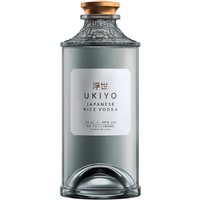Clear glass bottle of Ukiyo Japanese Rice Vodka with a gold cap and white label featuring Japanese characters.