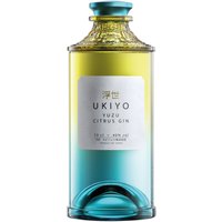 Ukiyo Japanese Yuzu Citrus Gin 70cl in a gradient yellow-to-blue bottle with a textured cap and white label.
