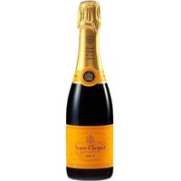 Veuve Clicquot Yellow Label Brut Champagne 375ml, dark green bottle, gold foil, orange label with black text.