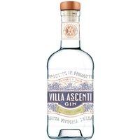 Clear glass bottle of Villa Ascenti Gin 70cl with copper cap and ornate label featuring blue and gold accents.